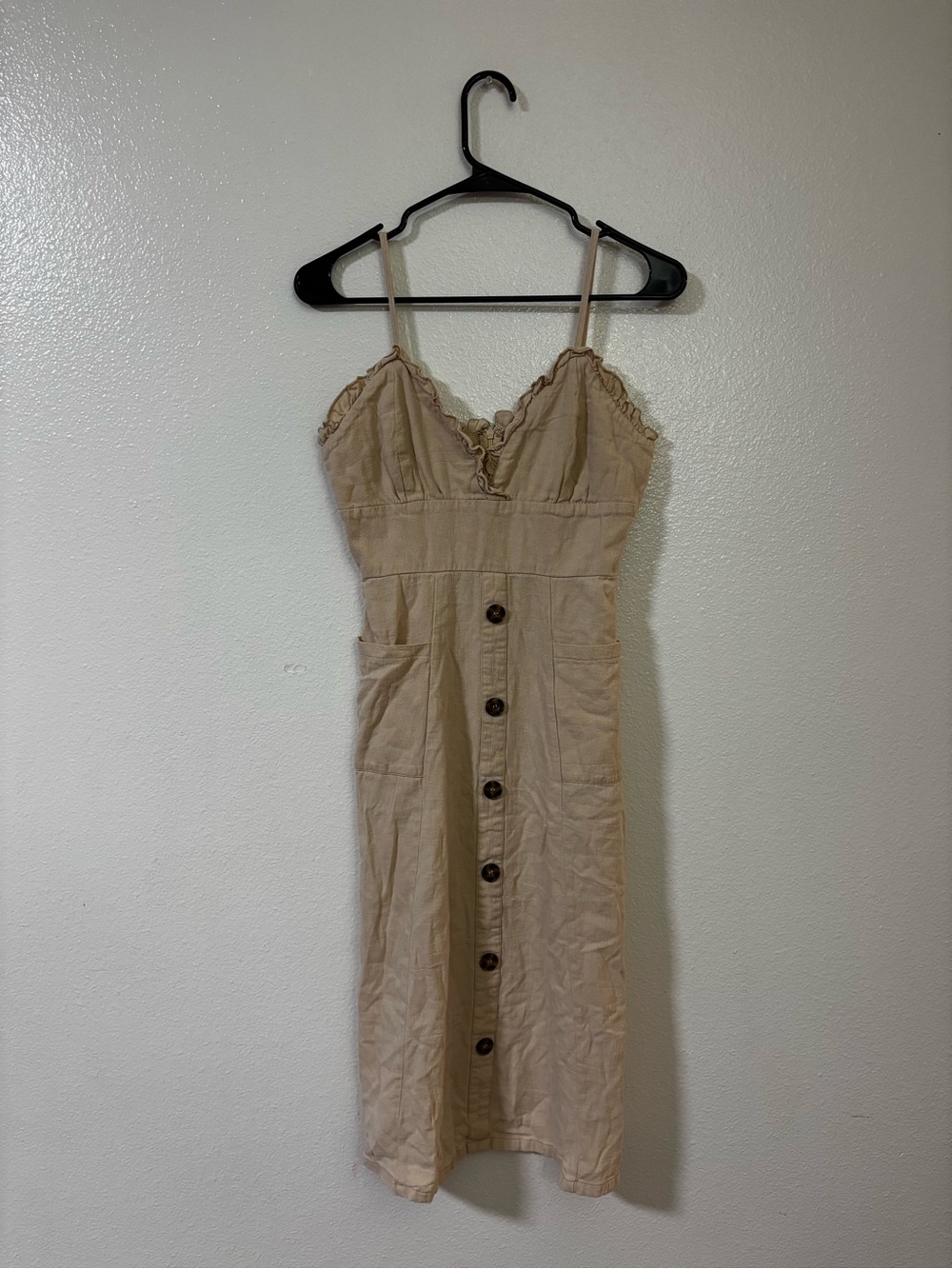 Boho Ruffle Linen-Blend Button-Down Midi Dress with Pockets